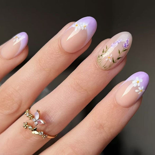 Whimsical Garden Medium Oval Lavender Floral Press On Nail Set With Artistic Nature Design