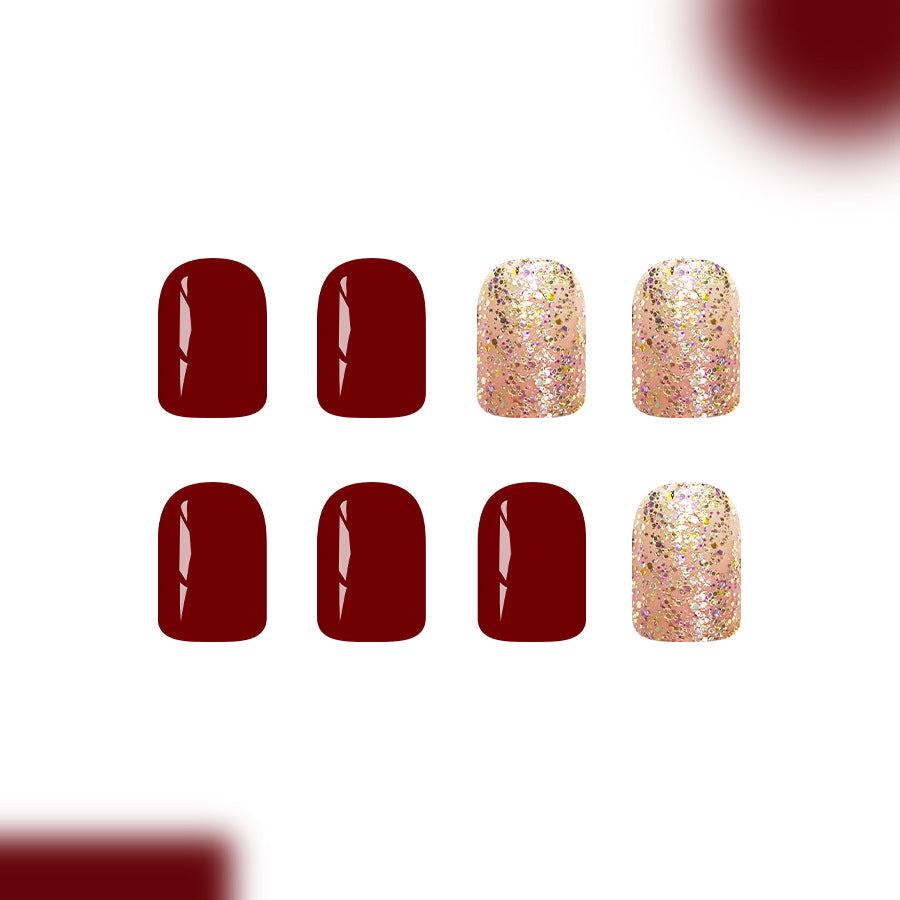 Glamorous Elegance Lengthy Short Square Burgundy and Sparkling Champagne Glitter Press On Nail Set