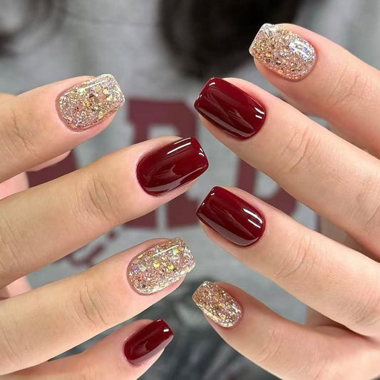 Glamorous Evening Elegance Charming Short Square Burgundy and Shimmery Golden Glitter Press On Nails