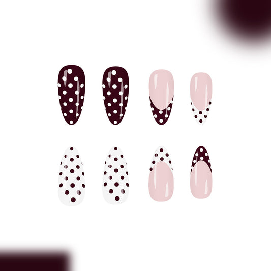 Chic Polka Dot Glamour Long Almond Burgundy and White Press On Nail Set with Unique Dotted Design