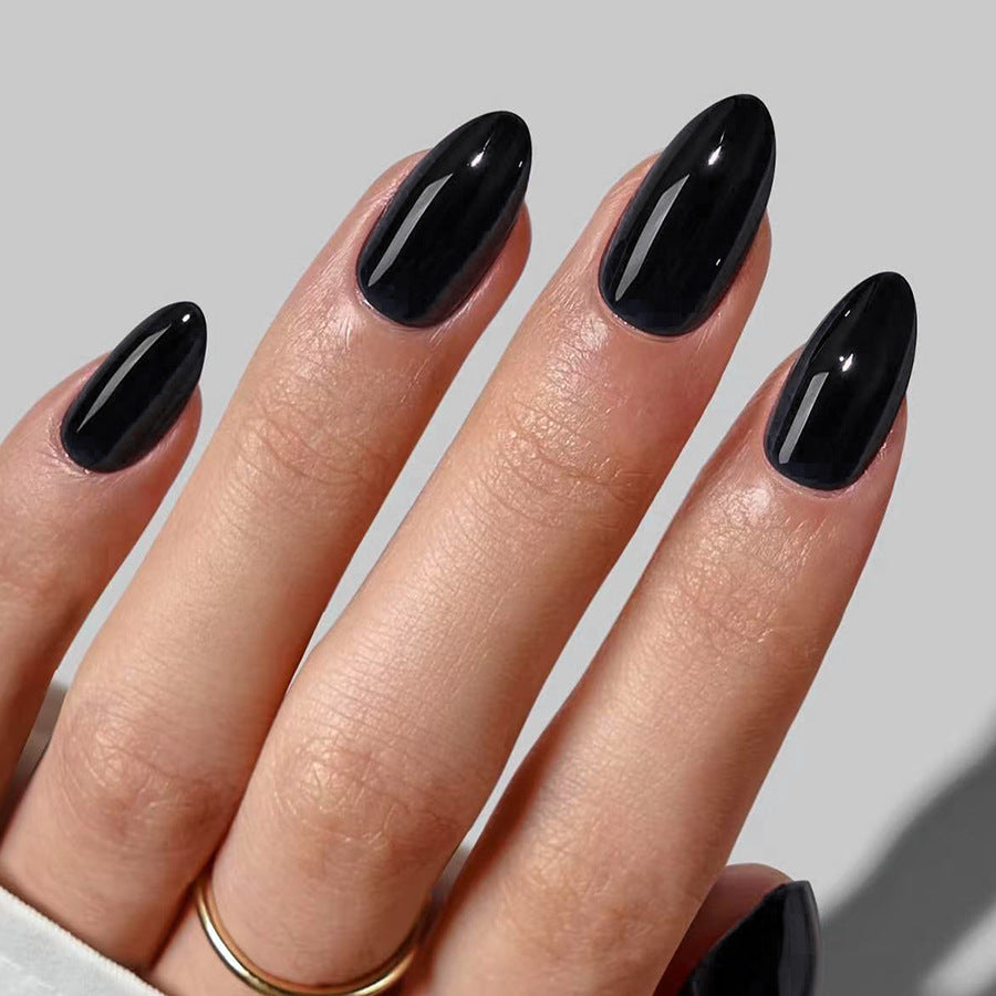 Mystical Noir Glamour Medium Oval Shaped Jet Black Press On Nail Set with High Gloss Finish