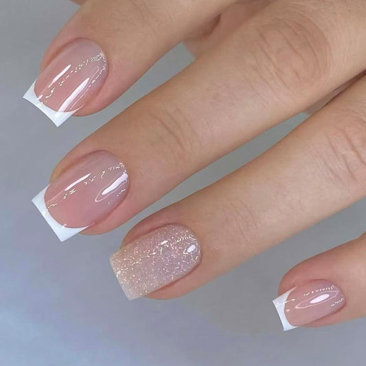 Fairy Dust Dream Medium Square Pink Ombre with Sparkling Glitter Tip Press On Nail Set