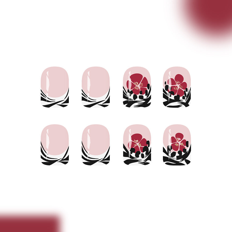 Blossom Garden Medium Square Pink and Black Floral Design Press-On Nail Set