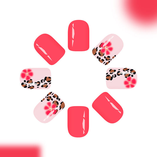 Wildflower Elegance Medium Square Coral with Floral and Leopard Print Design Press-On Nail Set