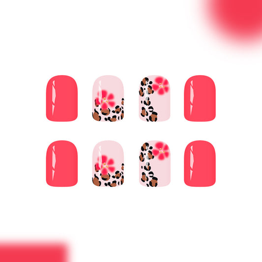 Wildflower Chic Glossy Medium Square Coral Press On Nail Set with Floral and Leopard Print Accents