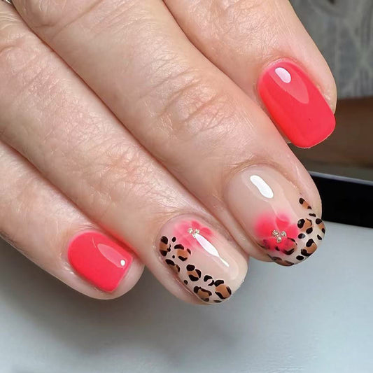 Wildlife Adventure Medium Square Coral with Leopard Print Accent and Glittering Details Press On Nail Set