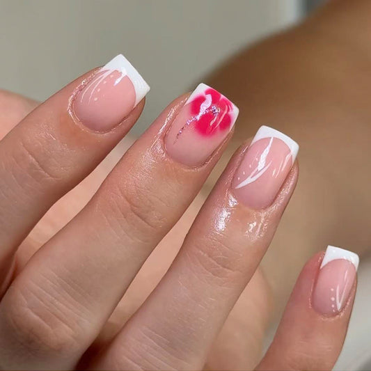 Blooming Elegance Medium Square Pink and White Glossy Press-On Nail Set with Floral Accent