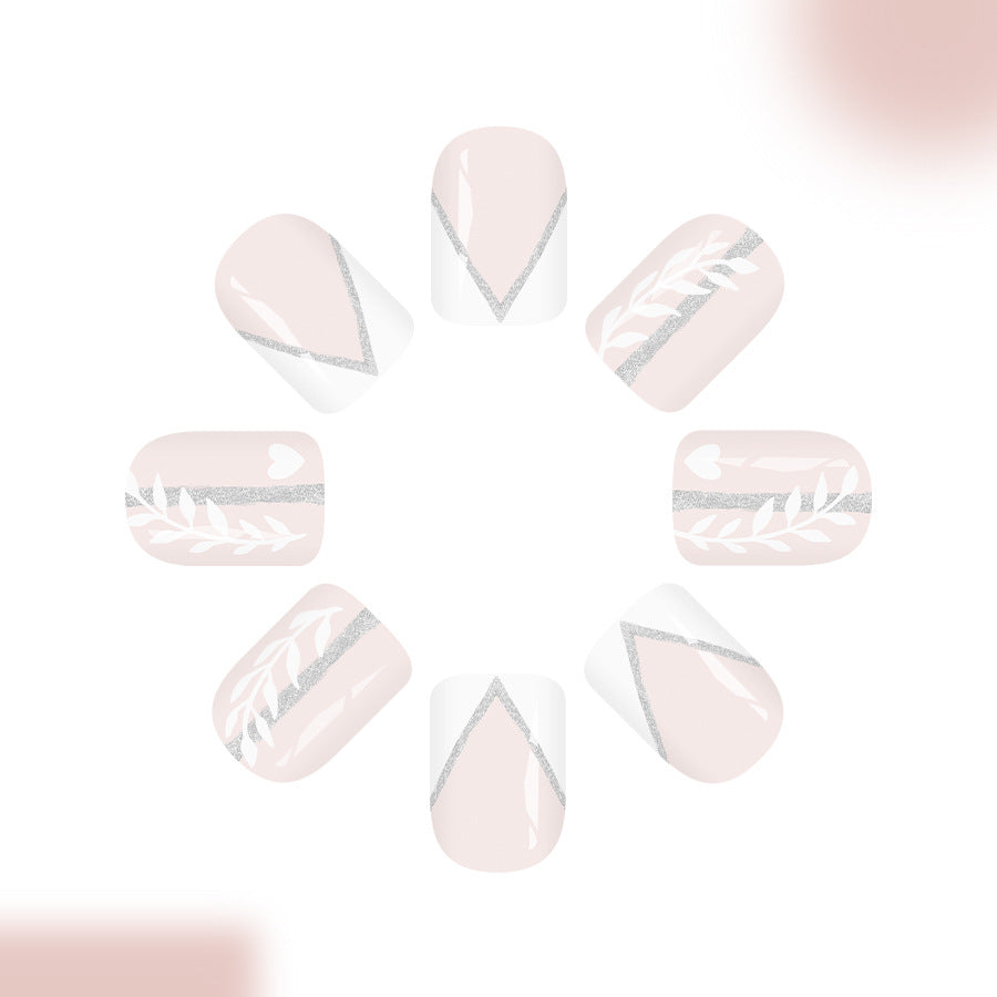 Whimsical Elegance Medium Square Blush Pink Press On Nail Set with Silver Leaf Designs
