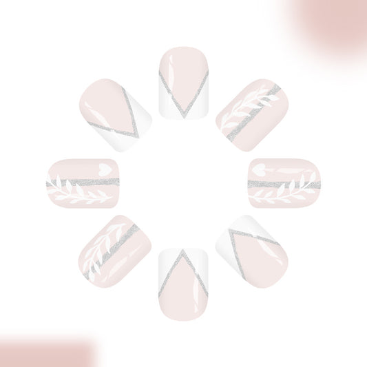 Whimsical Elegance Medium Square Blush Pink Press On Nail Set with Silver Leaf Designs