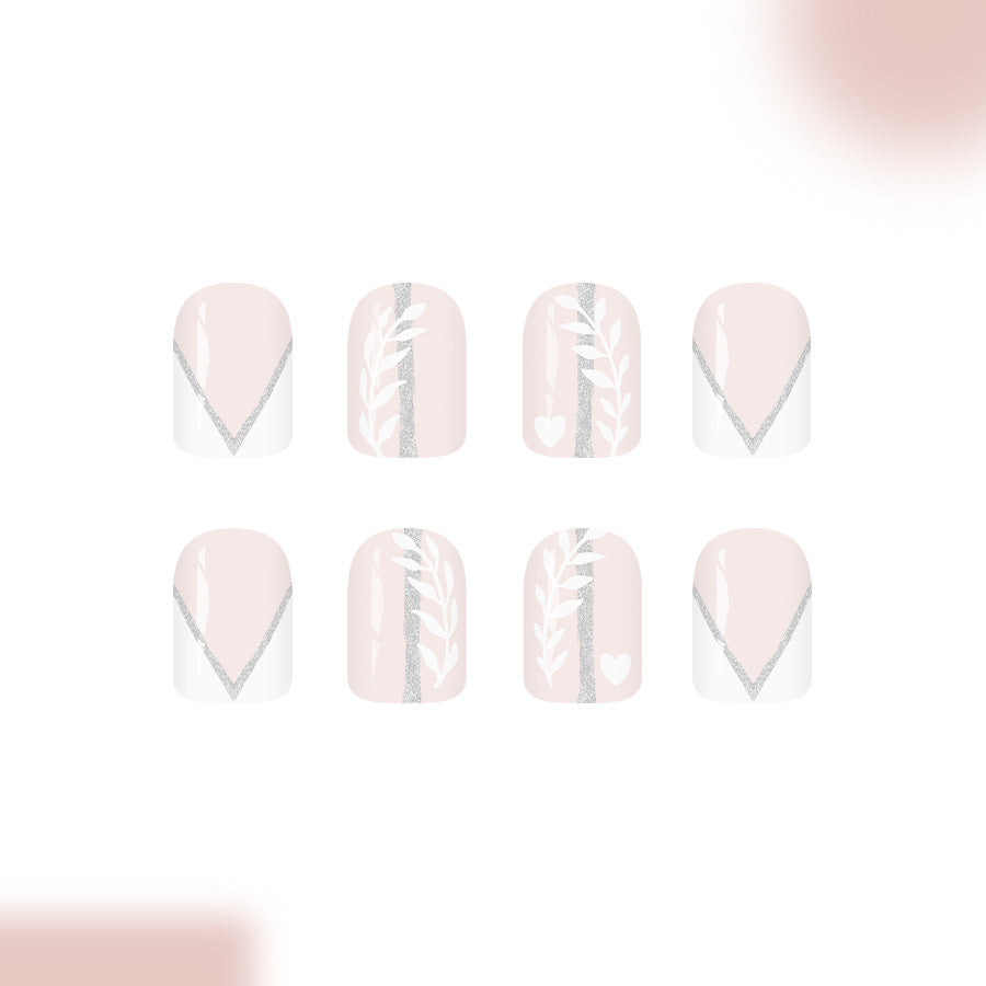 Whimsical Garden Charm Medium Square Soft Pink with Silver Leaf Design Press On Nail Set