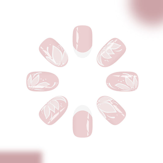 Serene Blossom Medium Oval Blush Pink Floral Print Press On Nail Set