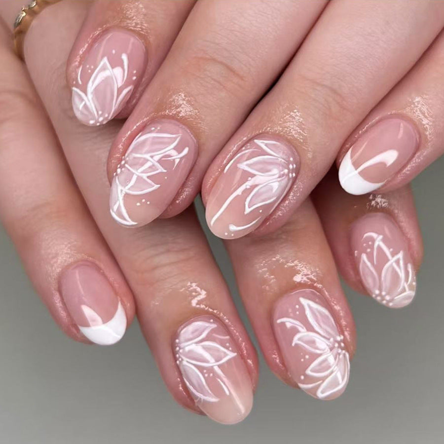 Floral Blossom Medium Oval Blush Pink with Elegant White Floral Designs Press on Nail Set