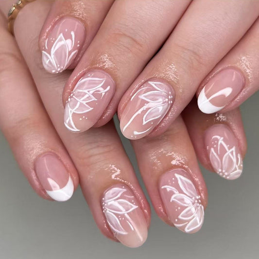 Floral Blossom Medium Oval Blush Pink with Elegant White Floral Designs Press on Nail Set
