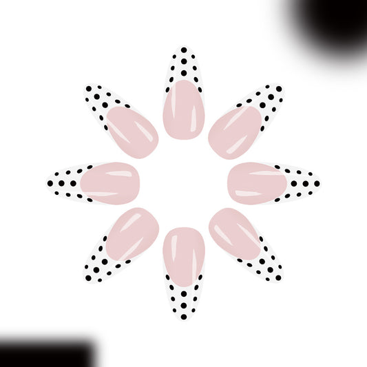 Chic Polka Dot Dream Long Almond Pink with Black Tips Elegant Gloss Finish Press On Nail Set