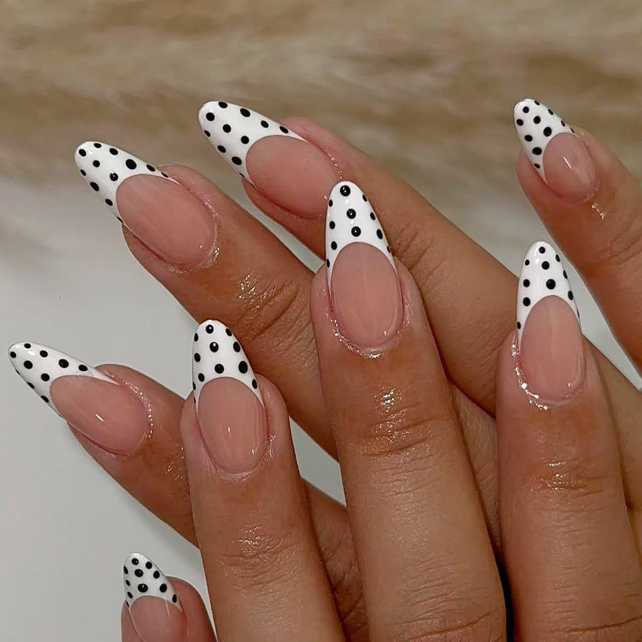 Chic Polka Dot Style Long Almond White with Black Dots and Unique Transparent Accent Press on Nail Set