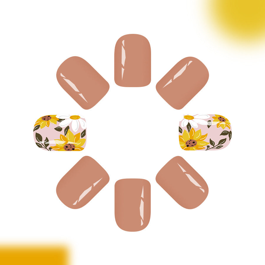 Sunny Floral Delight Press On Nail Set with Short Square Shape Soft Beige Color and Vibrant Sunflower Accent