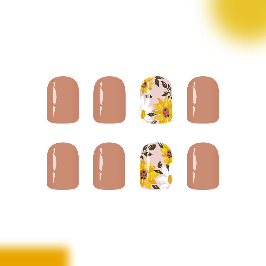 Bohemian Floral Press On Nail Set Short Square Brown With Artistic Sunflower Design