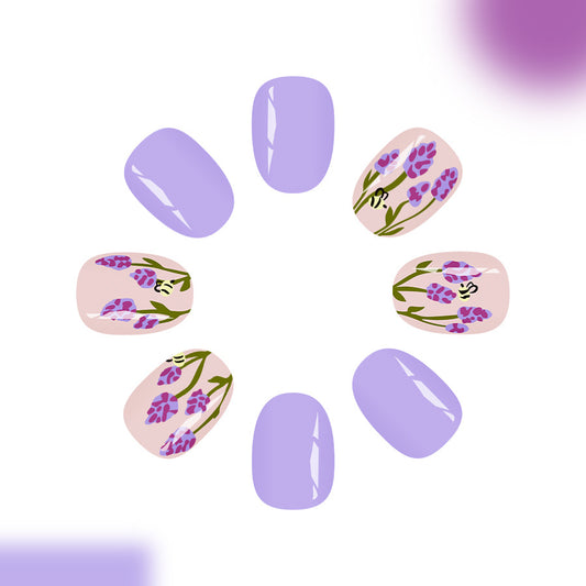 Lavender Garden Dream Glossy Short Oval Lilac Nail Set with Floral Accents