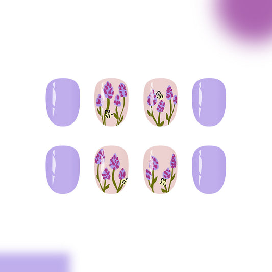Lavender Garden Chic Short Oval Purple Floral Press On Nail Set