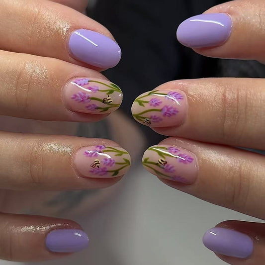 Lavender Dreams Short Oval Purple Press On Nail Set with Beautiful Floral Accents