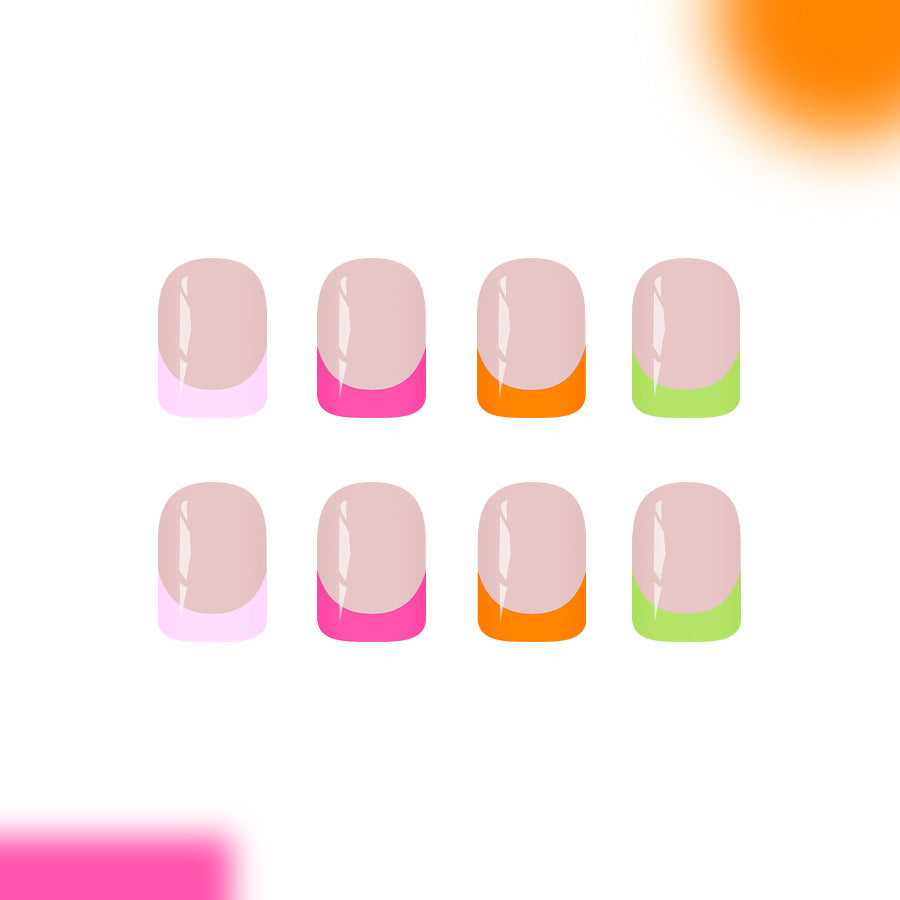 Tropical Breeze Glossy Short Square Shaped Pastel Pink Orange Green Press On Nail Set with Unique Ombre Design