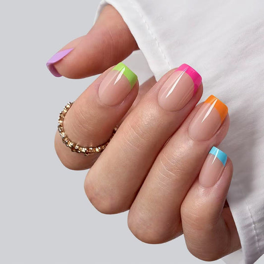 Whimsical Neon Short Square Press On Nail Set with Colorful French Tips for a Vibrant Look