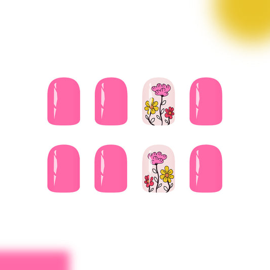 Blossom Garden Short Square Pink Press-On Nail Set with Vibrant Floral Design
