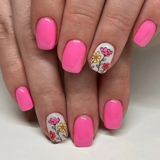 Floral Fantasy Short Square Pink Press-On Nail Set with Vibrant Flower Designs
