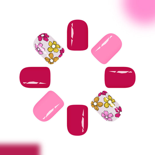 Floral Fantasy Stylish Short Square Pink and Burgundy Nail Set with Charming Flower Designs