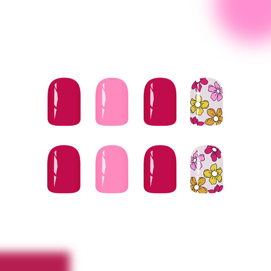 Blooming Elegance Short Square Shiny Pink and Deep Red with Floral Art Design Press On Nail Set