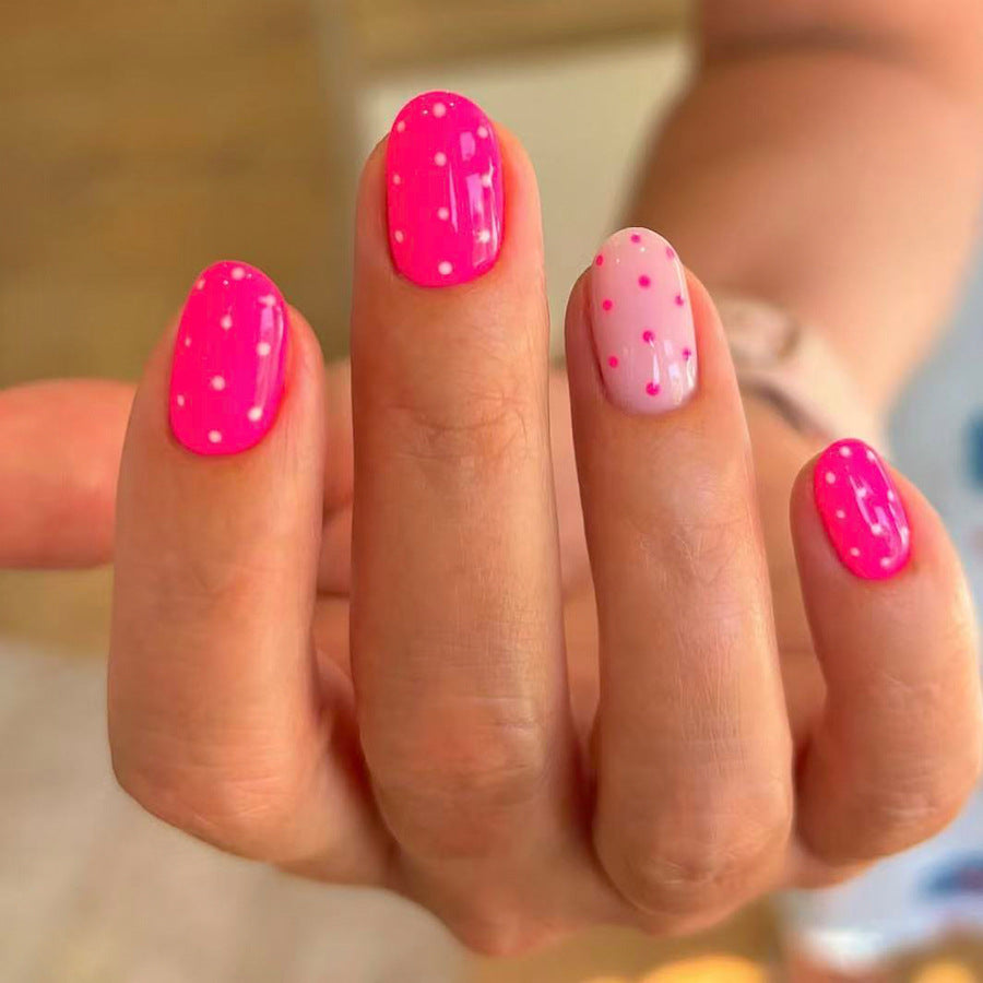 Playful Pink Elegance Medium Oval Bright Pink with Polka Dot Design Press On Nail Set
