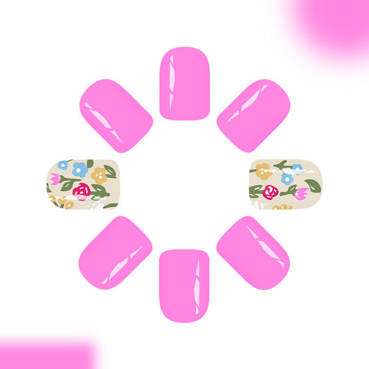 Floral Fantasy Fun Press On Nail Set in Bright Pink Short Square Shape with Charming Floral Accent
