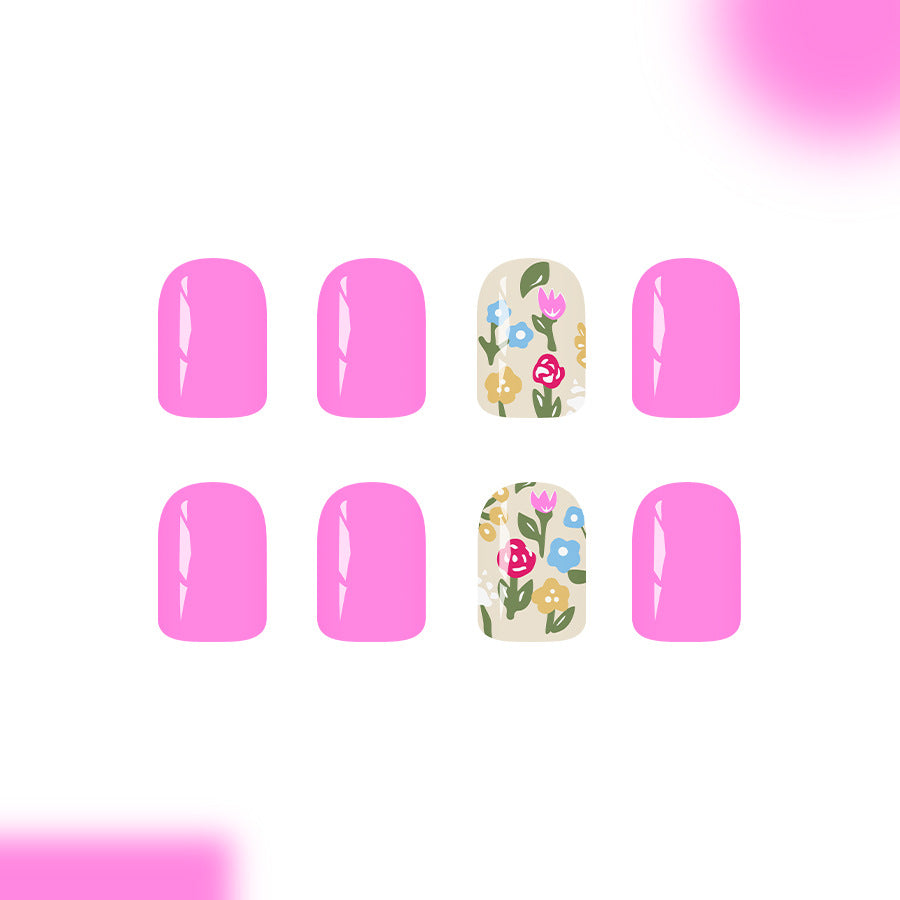 Floral Fantasy Short Square Bright Pink Glossy Nail Press Set with Unique Hand-Painted Design