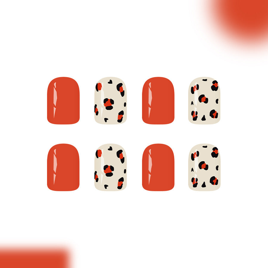 Wild Safari Style Glossy Short Square Red and Cream Leopard Print Press on Nail Set
