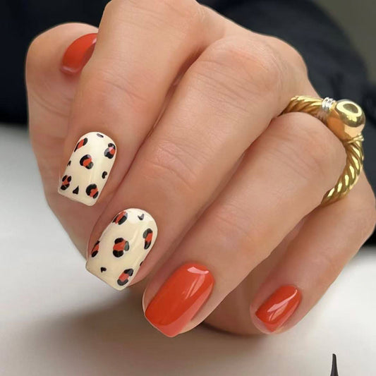 Wild Safari Press On Nail Set in Short Square Bright Orange and Cream with Leopard Print Design