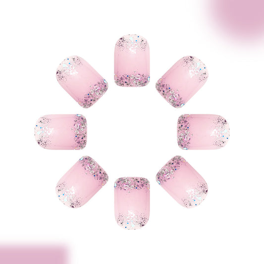 Whimsical Garden Square Short Soft Pink Press On Nail Set with Sparkling Glitter Tips