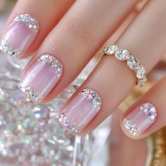 Celestial Dream Glittering Short Square Pink Press On Nail Set with Iridescent Tips