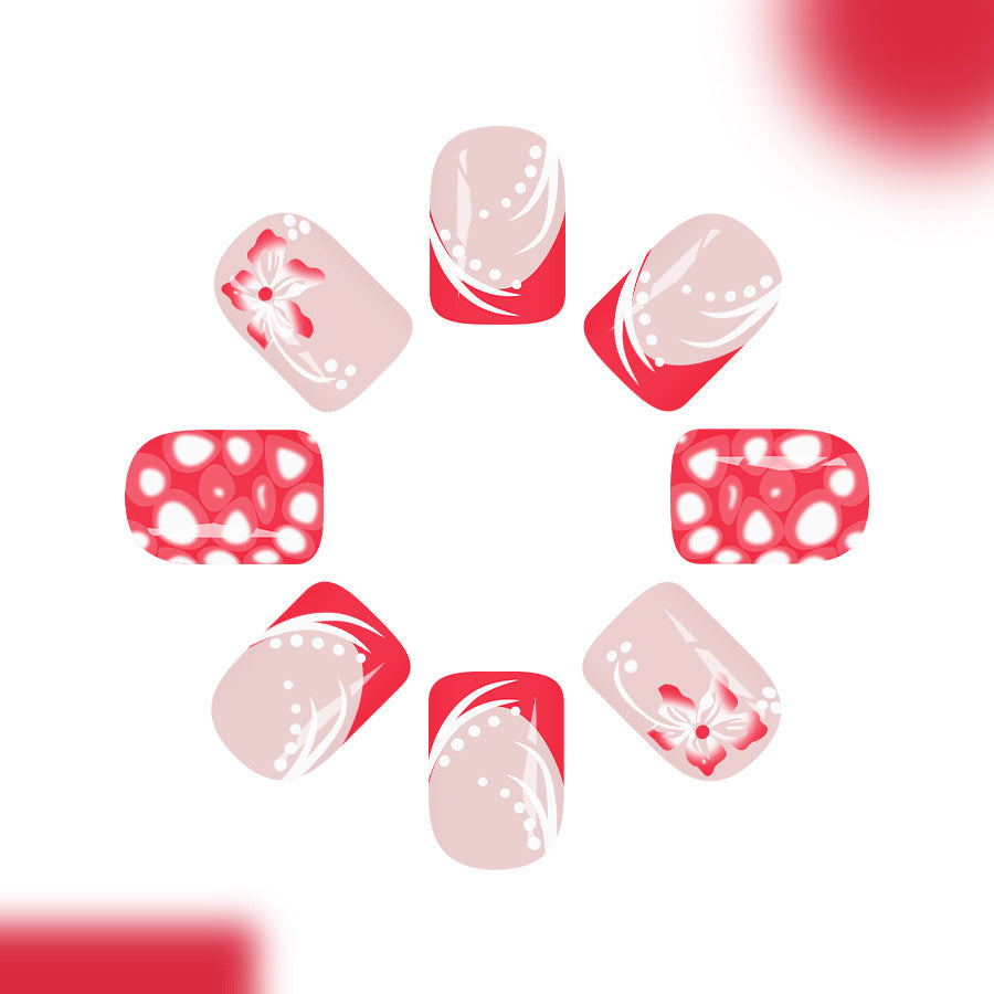 Blossom Elegance Short Square Red and Pink Press On Nail Set with Floral Accents