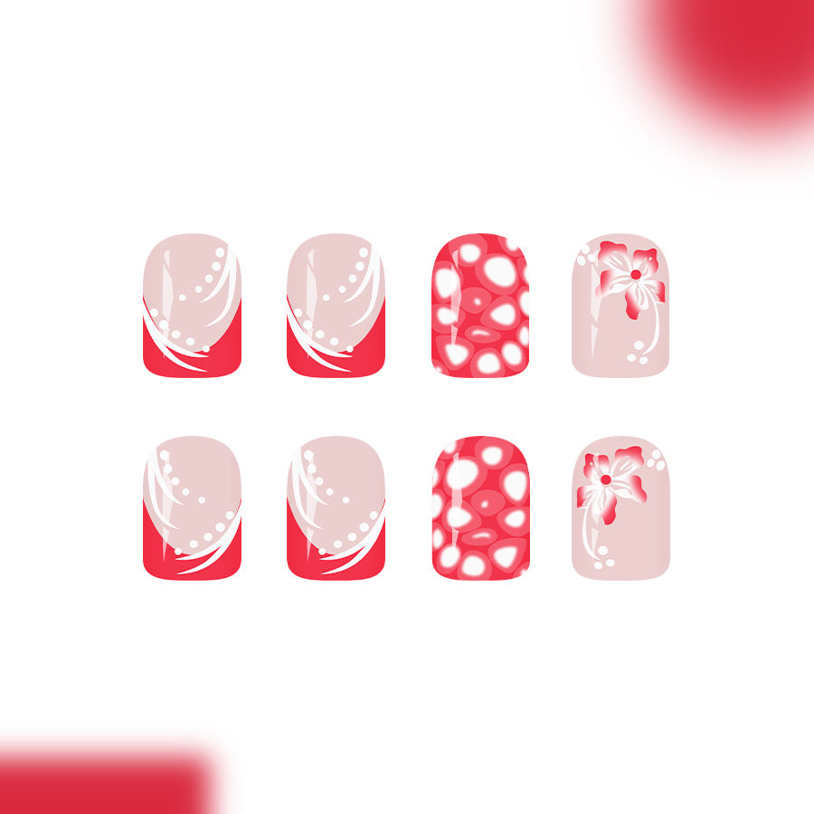 Romantic Blossom Short Square Pink and Red Floral Press On Nail Set with Whimsical Designs