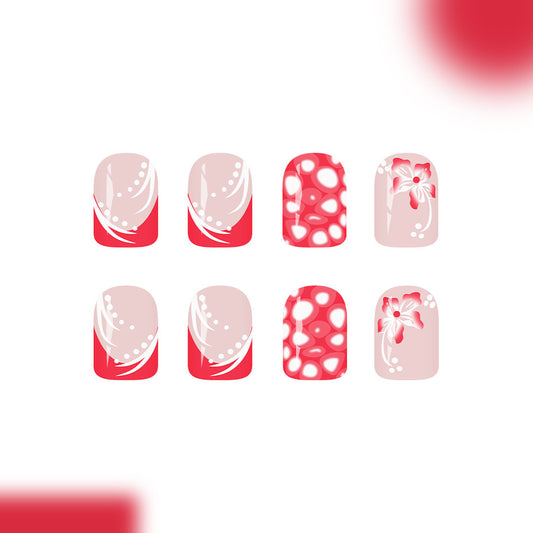 Romantic Blossom Short Square Pink and Red Floral Press On Nail Set with Whimsical Designs