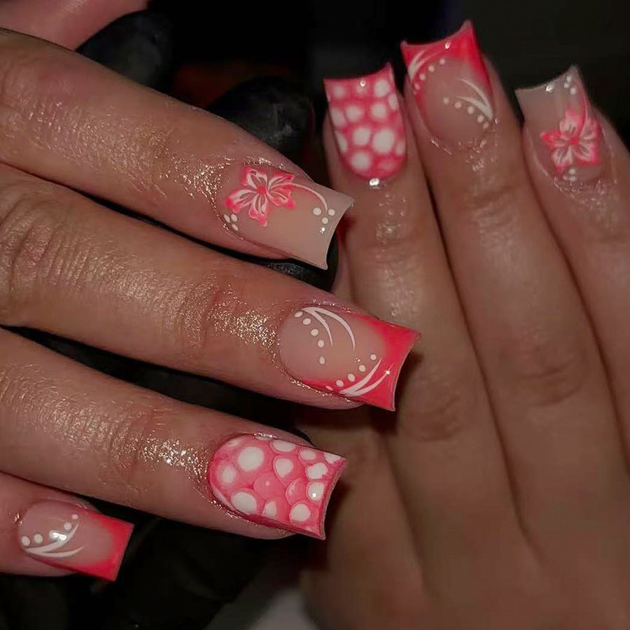 Tropical Paradise Medium Square Pink Ombre Floral Design Press On Nail Set