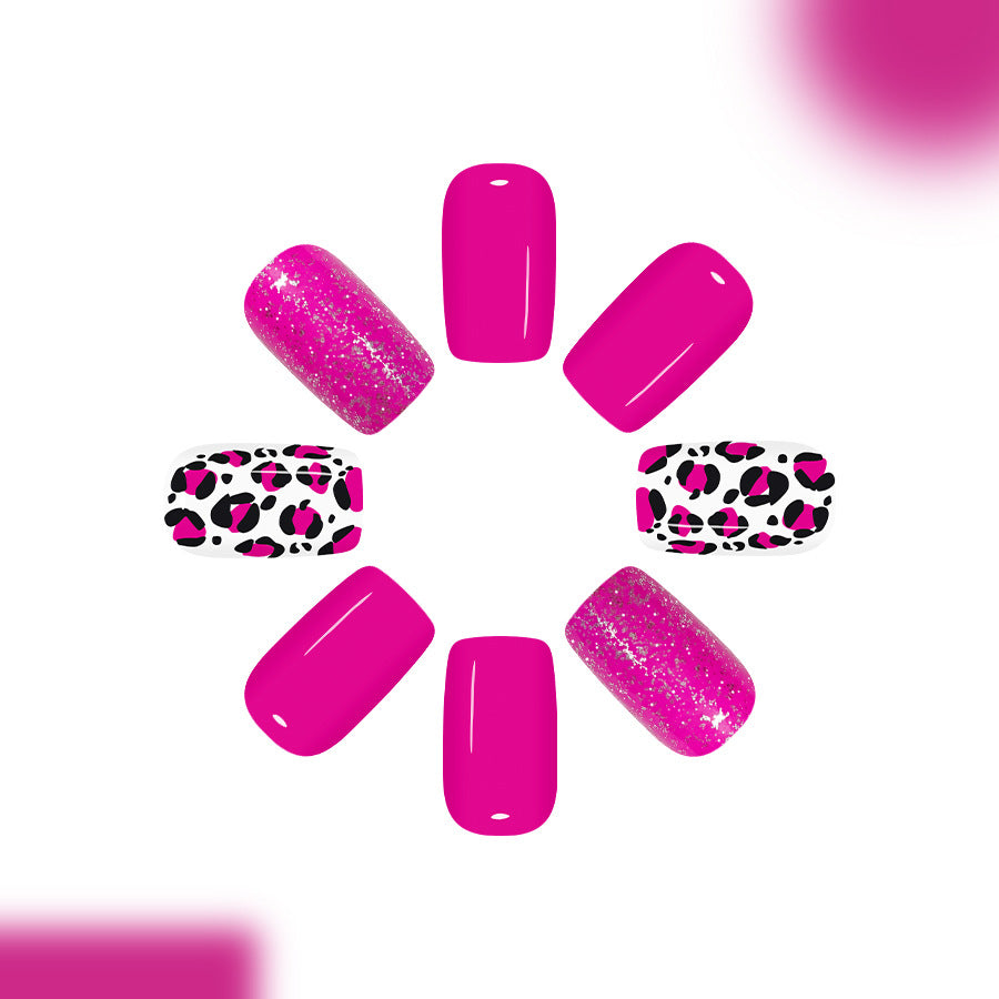 Fierce Glamour Long Square Hot Pink with Sparkle and Bold Leopard Accent Press On Nail Set