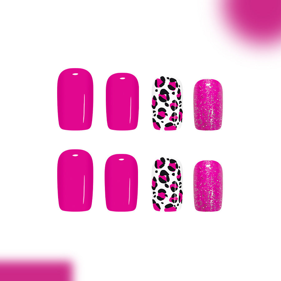 Wild Adventure Long Square Bright Pink Glossy Press On Nail Set with Eye-Catching Glitter and Chic Leopard Print Design