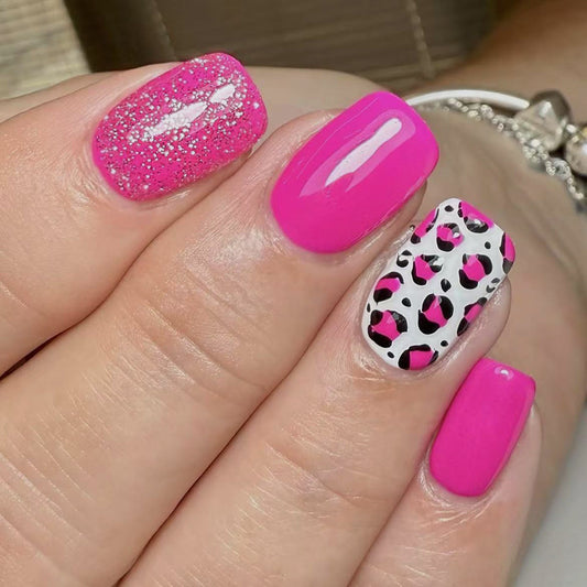 Wildly Chic Glossy Long Square Hot Pink Press On Nail Set with Glitter and Leopard Print Accent