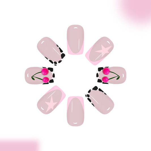 Charming Blossom Long Square Pink Nails with Cow Print and Cherry Accents