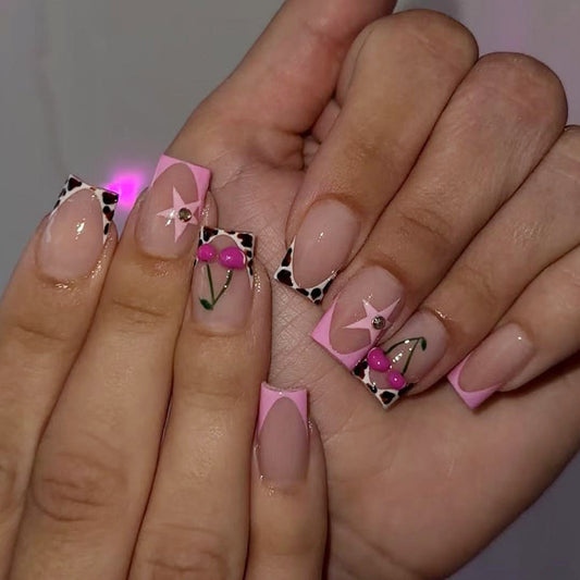 Chic Safari Medium Square Pink Animal Print with Unique Gemstone Accent Press On Nail Set