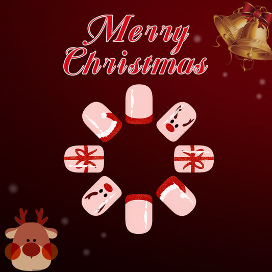 Festive Elegance Short Square Pink with Glittery Christmas Designs Press On Nail Set