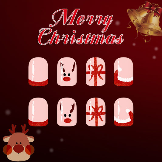 Festive Wonderland Press On Nail Set Short Square Pink with Glittery Christmas Designs