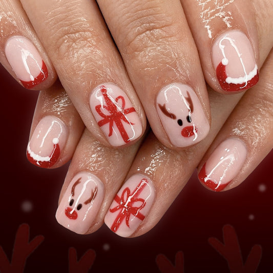 Festive Charm Short Square Red and Beige Press On Nail Set with Reindeer and Gift Designs