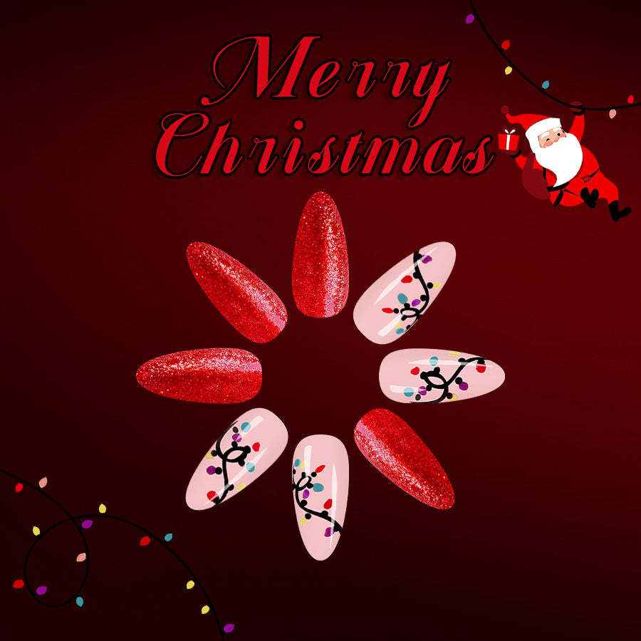 Festive Glamour Long Almond Red Sparkling with Unique Holiday Design Nail Set